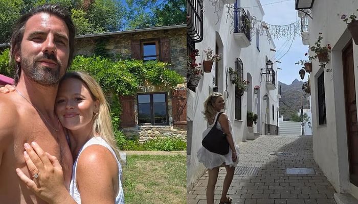Emily Atack beams with fiancé Alistair Garner during romantic getaway in Spain