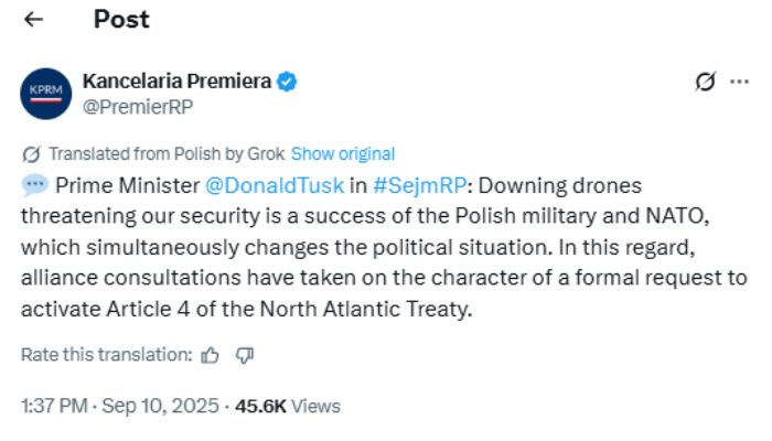 Poland invokes NATO Article 4 after Russian drones breach
