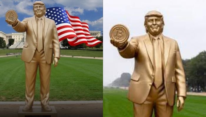 Golden Statue of  Donald Trumps holding Bitcoin pays tribute to honor  U.S. Presidents support for Cryptocurrency