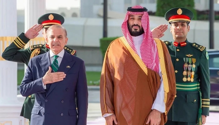 Prime Minister Shehbaz Sharif (left) with Saudi Crown Prince Mohammed bin Salman at Yamama Palace, Riyadh, Saudi Arabia on September 17, 2025. — X/ @ShehbazDip