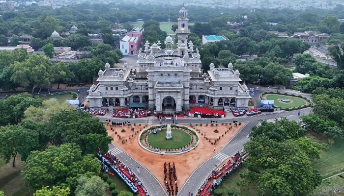This aerial photograph taken on August 15, 2025 shows a general view of the main building at the Mayo College school in Ajmer. — AFP