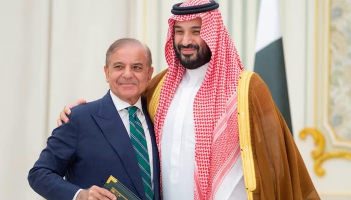 Saudi Crown Prince Mohammed bin Salman and Pakistan Prime Minister Shehbaz Sharif embrace each other on the day they sign a defence agreement, in Riyadh, Saudi Arabia, September 17, 2025.—Reuters