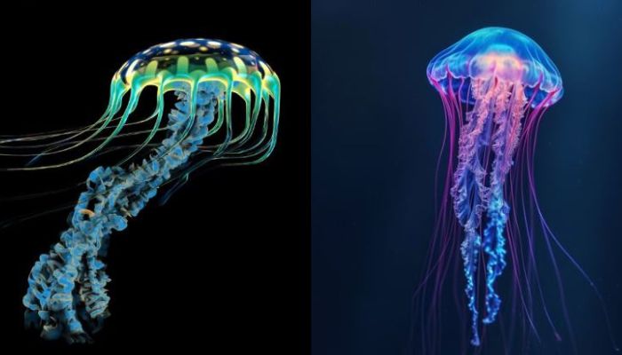 Bioluminescent creatures that glow in the dark by light-producing organs:jelly fish