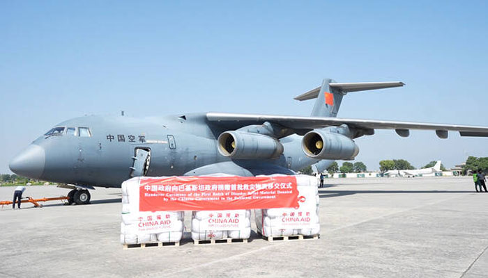 The picture released on September 28, 2025, shows a Chinese relief flight for Pakistani flood victims arriving at Nur Khan Air Base, Rawalpindi, Pakistan. —NDMA
