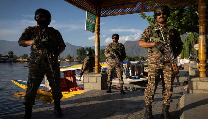 Indian security force personnel stand guard on the banks of Dal Lake, Srinagar, in Indian Illegally Occupied Jammu and Kashmir (IIOJK), April 25, 2025. — Reuters