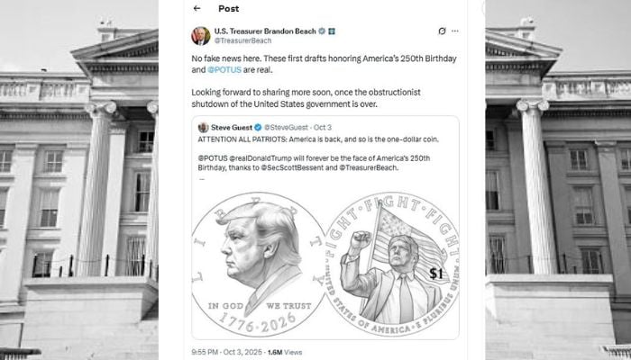 U.S. Treasury Department unveils a draft sketch for commemorative $1 Trump coin reading fight, fight fight, confirms Brandon Beach