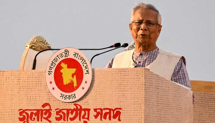 Muhammad Yunus, Chief Adviser of Bangladesh´s Interim Government and Head of the National Consensus Commission, speaks after signing the July National Charter at the South Plaza of the National Parliament in Dhaka on October 17, 2025.—AFP