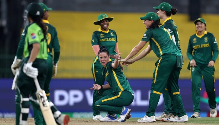 South Africa players celebrate a wicket during their Womens World Cup 2025 game against Pakistan at the R Premadasa Stadium, Colombo, October 21, 2025. — ICC