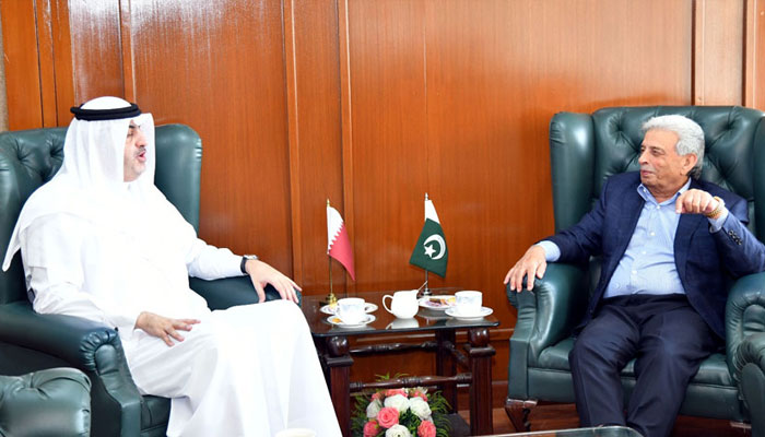 Federal Minister for National Food Security and Research Rana Tanveer Hussain, in a meeting with Qatari Ambassador Ali bin Mubarak Al Khater, October 22, 2025. —Radio Pakistan