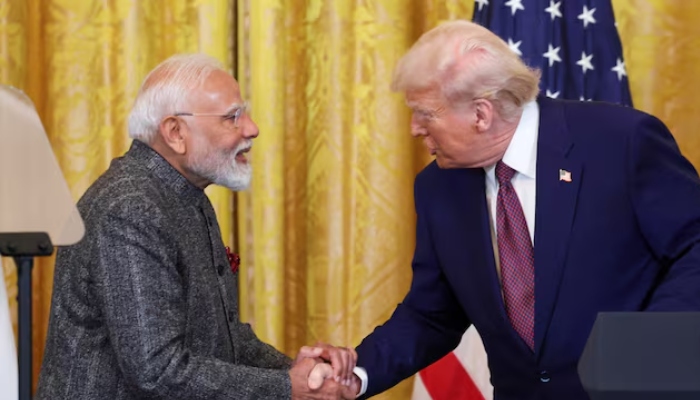 US President Donald Trump and Indian Prime Minister Narendra Modi shake hands as they attend a joint press conference at the White House in Washington, DC, US, February 13, 2025. — Reuters
