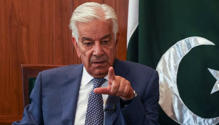 Defence Minister Khawaja Asif gestures during an interview with Reuters in Islamabad, Pakistan, on May 8, 2025. — Reuters