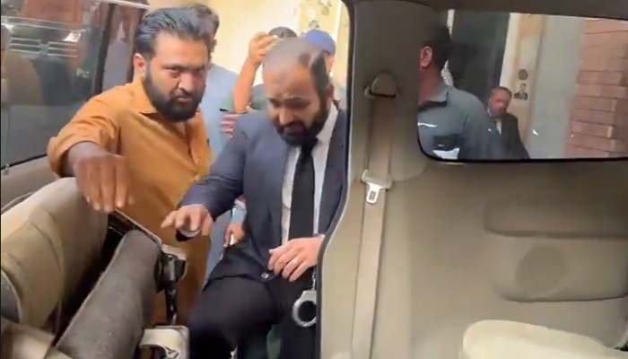 Advocate Hadi Ali Chatha is arrested from outside a local court in Islamabad on October 29, 2025. — X@ImaanZHazir