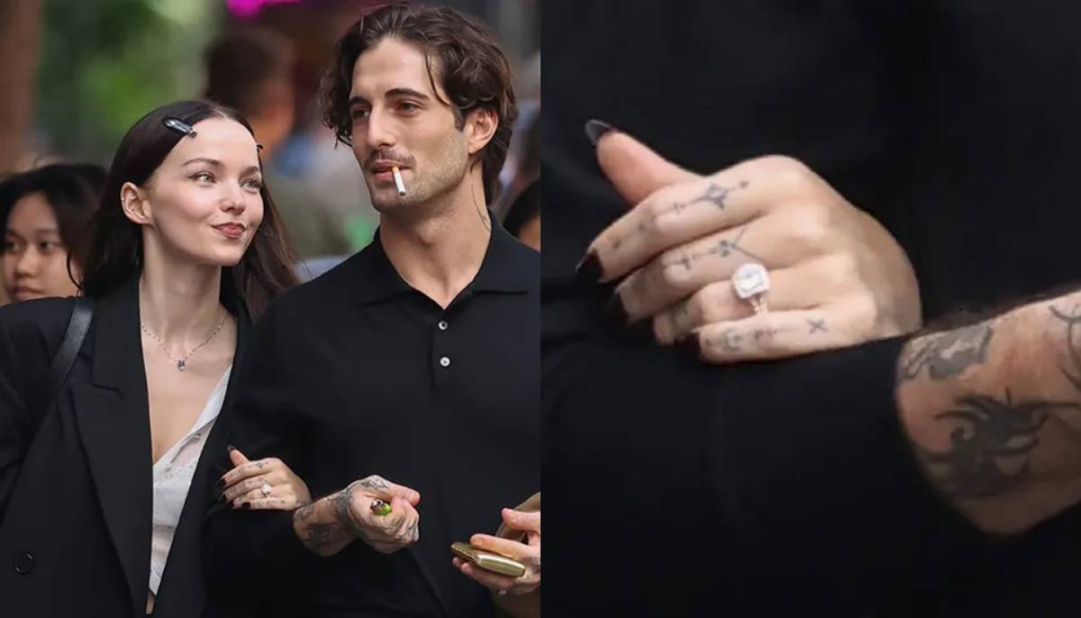 Dove Cameron shows off a huge diamond on her ring finger in Sydney, Australia. Credit: TMZ