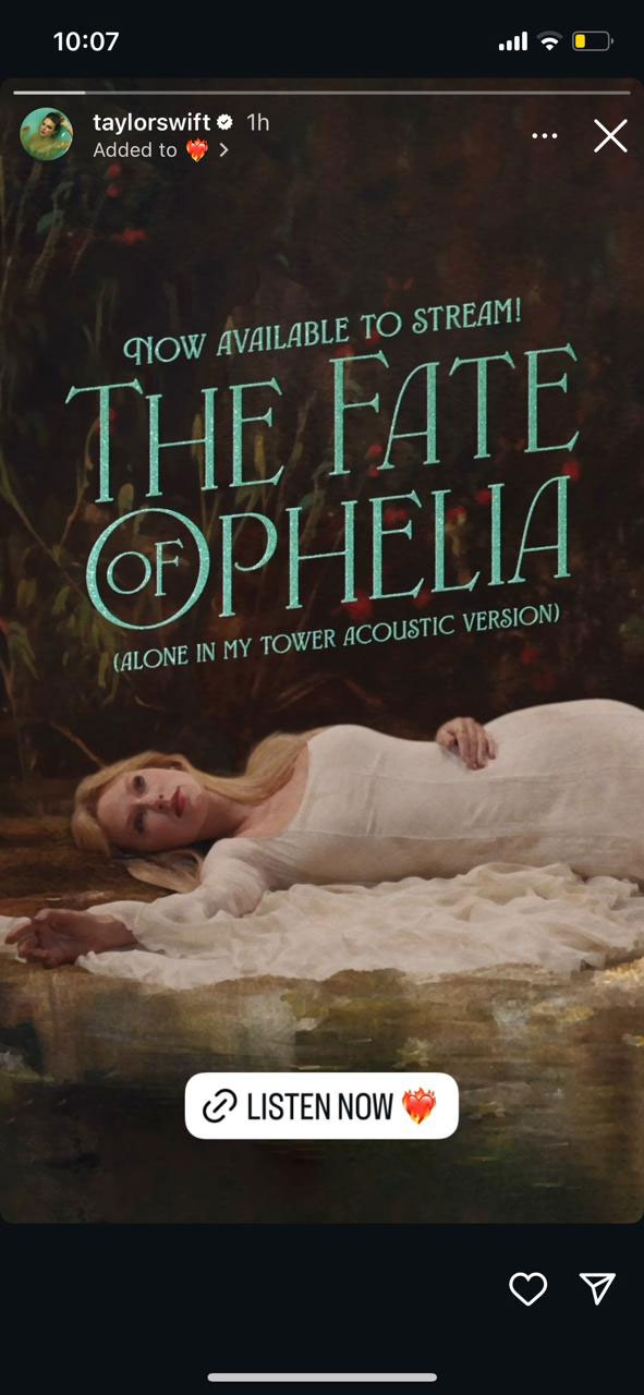 Taylor Swift thrills fans as 'Fate of Ophelia (Acoustic)' hits streaming