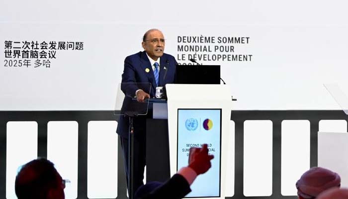 President Asif Ali Zardari addresses Second World Summit for Social Development in Doha, Qatar, November 4, 2025. — PID