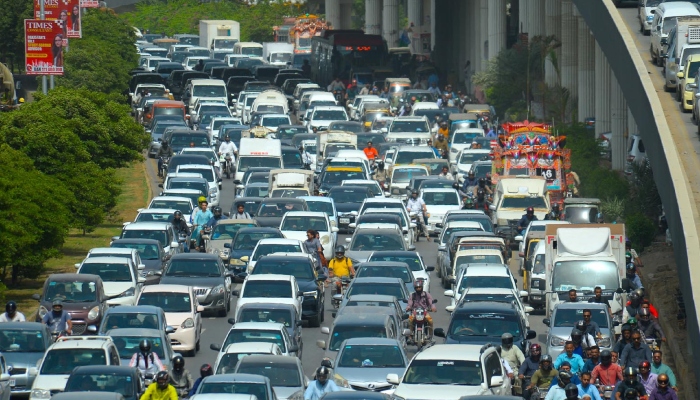 A view of traffic jam on Shahrah-e-Faisal, Karachi. — INP/File