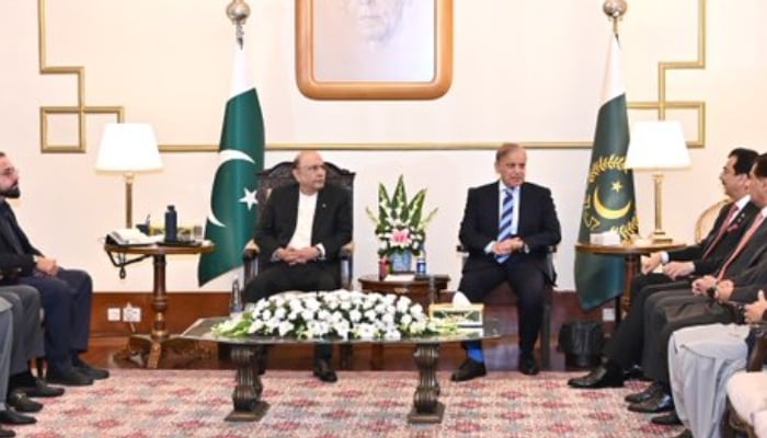 President Asif Ali Zardari and Prime Minister Shehbaz Sharif speak during a meeting at the President House, Islamabad, November 11, 2025. — X/ @PTVNewsOfficial