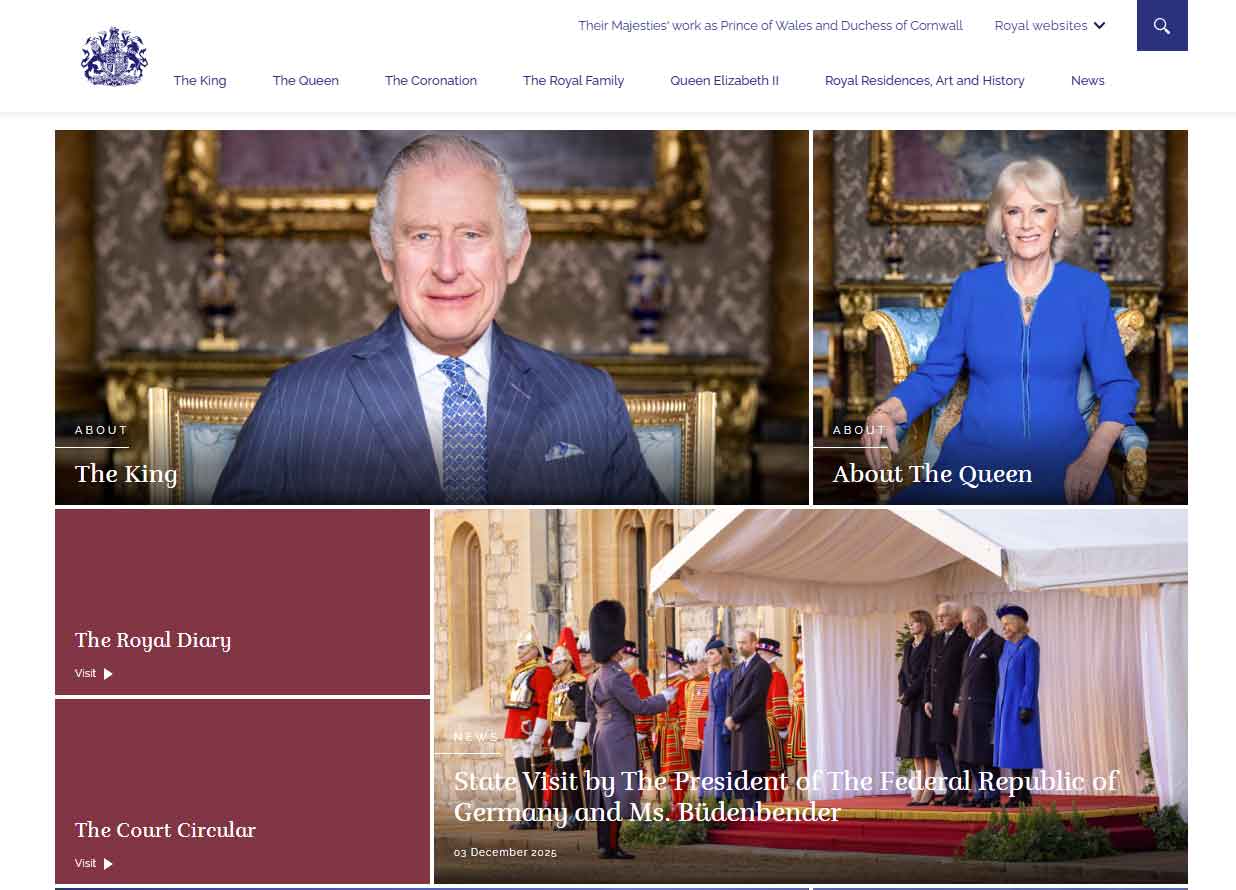A recent screenshot of the homepage of the royal family website, which does not show statement on Andrew