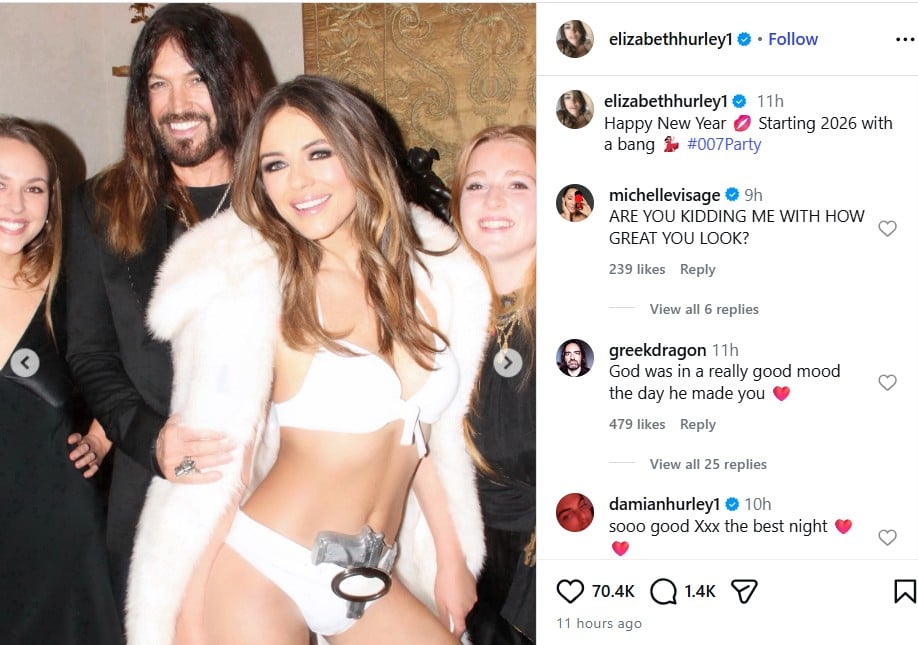 Elizabeth Hurley rings in the new year with a James Bond-themed party