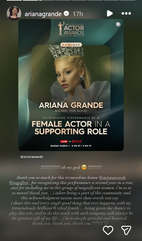 Ariana Grande shouts out Cynthia Erivo after Awards nod
