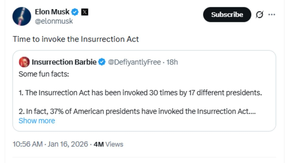 Elon Musk backs Donald Trump to invoke Insurrection Act amid Minnesota protests