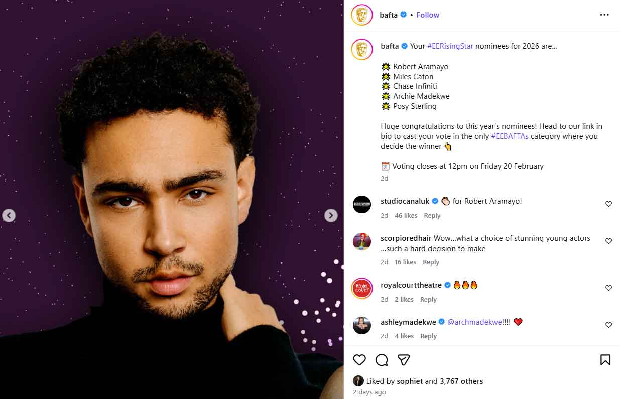 Sophie Turner backs Archie Madekwe as BAFTA announces nominees