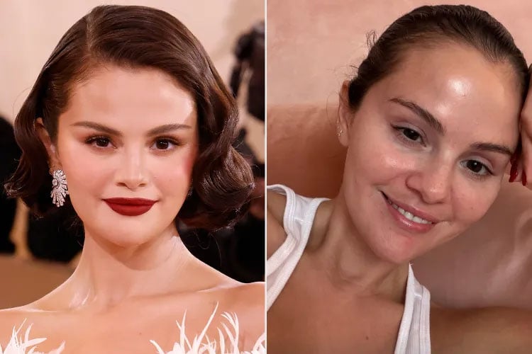 Selena Gomezs appearance on 2026 Golden Globes on the left and her makeup-free look on the right