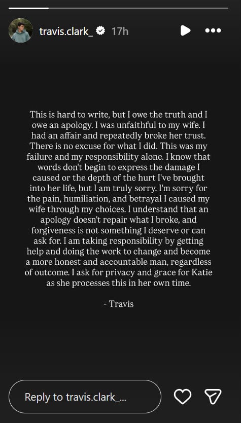 Katie Bates husband Travis Clark confesses he cheated on her