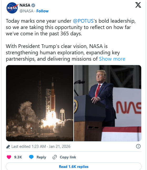 NASA celebrates one year of Trump’s second term with Moon and Mars achievements