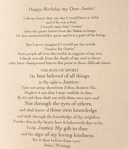 Justin Baldonis mothers birthday note for him