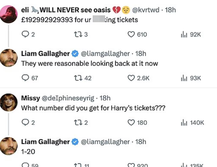 Oasis Liam Gallagher mocks Harry Styles ticket prices