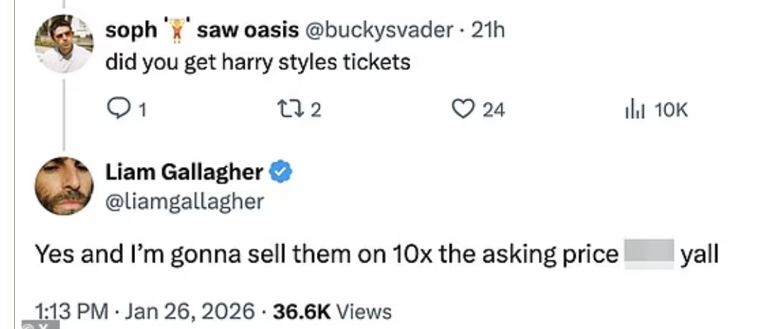 Oasis Liam Gallagher mocks Harry Styles ticket prices