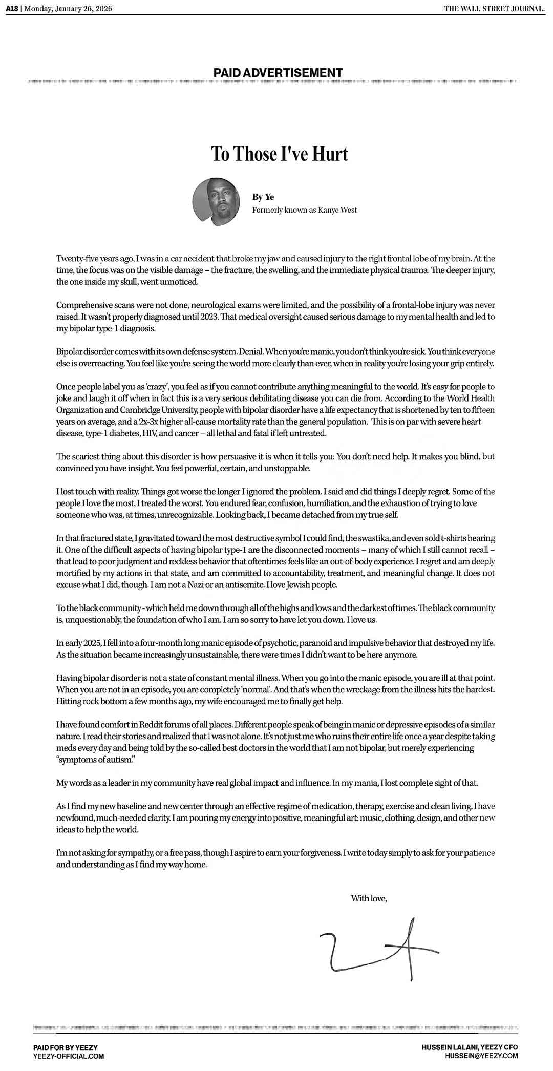 Full text of Kanye Wests WSJ apology ad