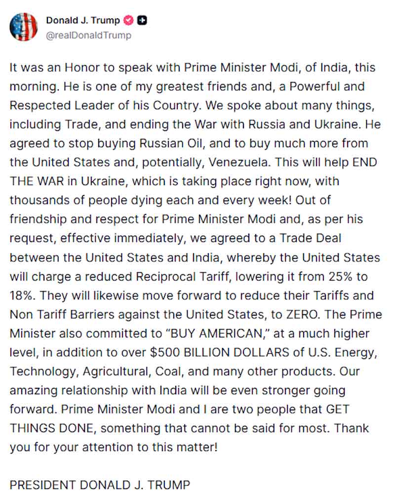 Trump announces US-India trade deal after Modi agrees to stop buying Russian oil