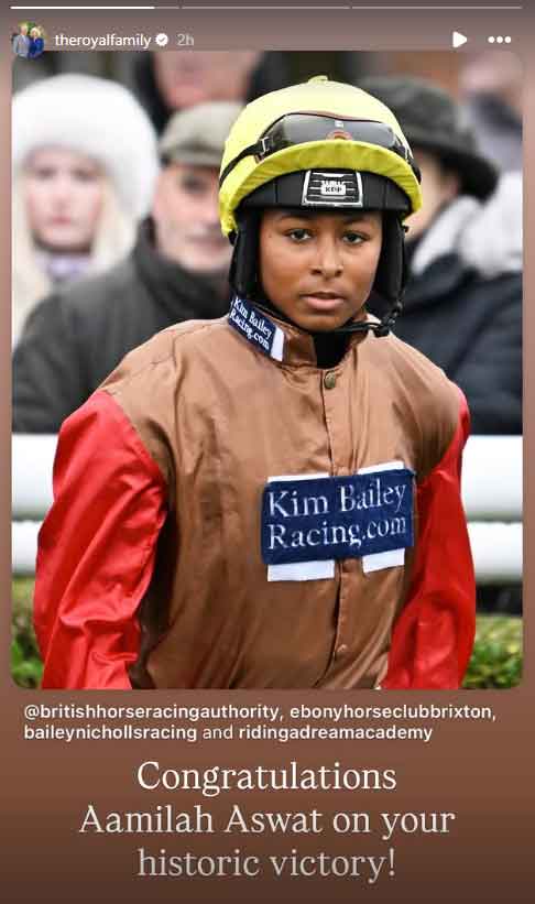 King Charles congratulates Aamilah Aswat for creating history at horse race