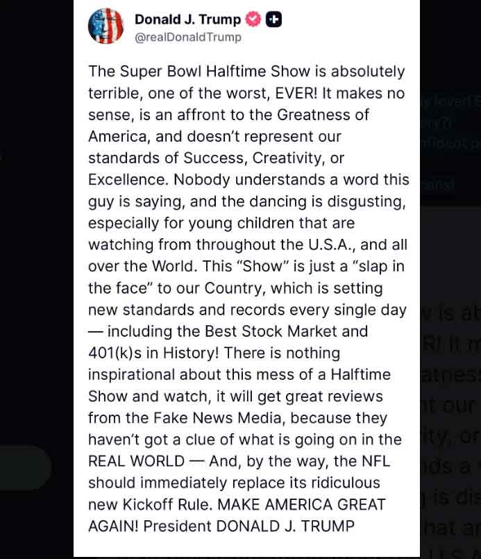 سپر باؤل ہاف ٹائم شو 2026: ٹرمپ نے بری بنی کے بارے میں کیا کہا؟