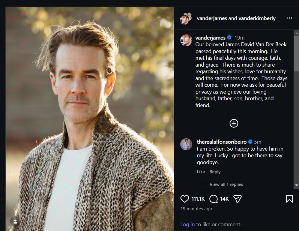 James Van Der Beek, Dawsons Creek star, dies at 48