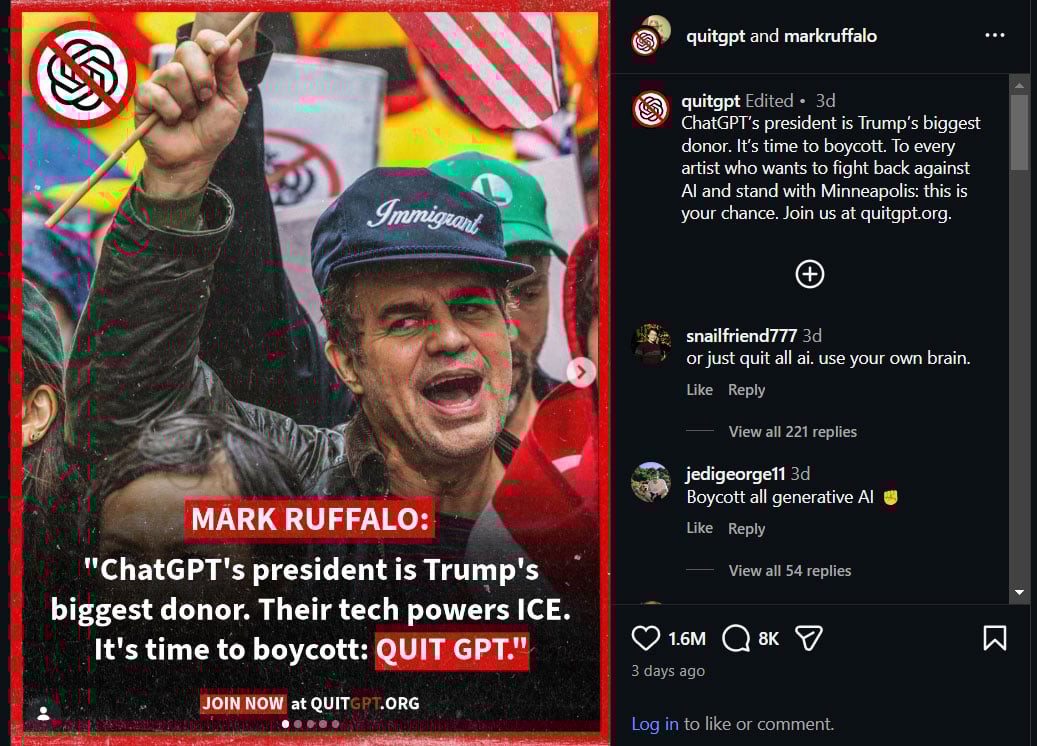 Mark Ruffalo urges fans to boycott top AI company boycott