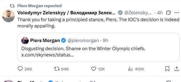 Piers Morgan praised by Ukrainian President over principled stance on Winter Olympics controversy