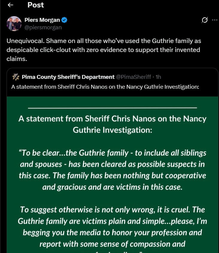 Piers Morgan defends Nancy Guthrie family, shames people spreading rumours