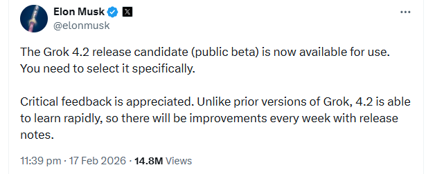 Elon Musk unveils Grok 4.2 public beta with rapid learning AI model
