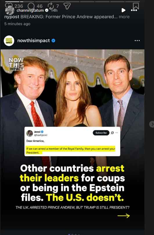 Channing Tatum reacts to UKs action against Andrew Mountbatten-Windsor