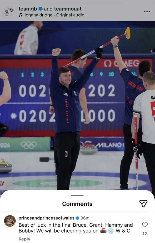 Prince William and Kate Middleton extend support message after curling team reaches Olympic gold final