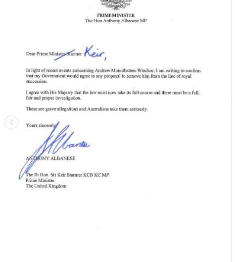 Australian prime ministers letter against Andrew Mountbatten-Windsor made public
