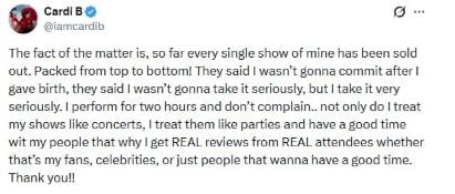 Cardi B hits back hard at critics of her Little Miss Drama Tour