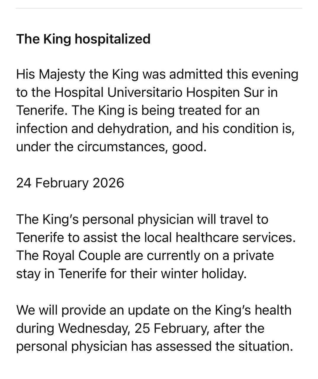 King Harald rushed to hospital as palace issues statement on health scare
