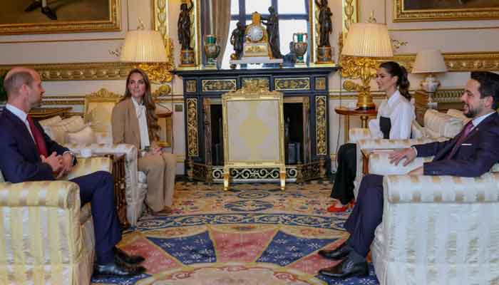 Prince William and Kate Middleton in a meeting with Prince Hussein and Princess Rajwa