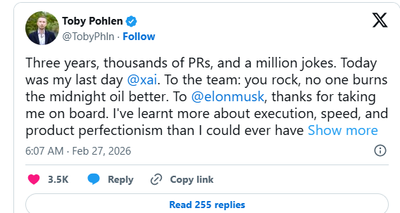 Elon Musk’s xAI co-founder Toby Pohlen steps down after three years amid IPO push