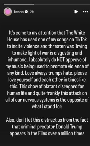 Kesha criticizes Donald Trump for using her song in TikTok video: Disgusting