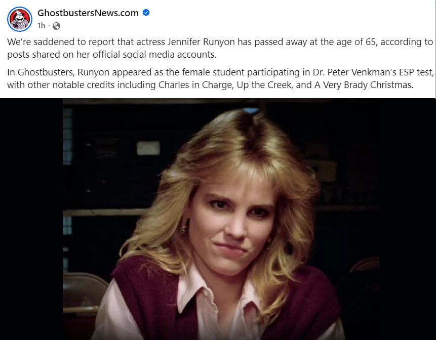 Jennifer Runyon, Ghostbusters star, dies at 65